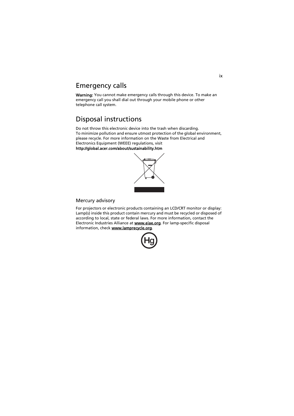 Emergency calls, Disposal instructions | Acer Extensa 5220 User Manual | Page 9 / 98