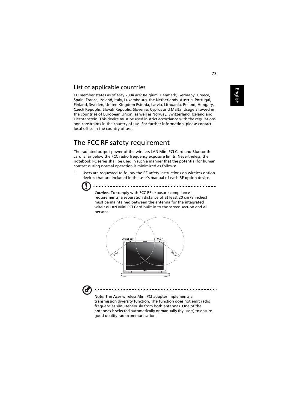 The fcc rf safety requirement, List of applicable countries | Acer Extensa 5220 User Manual | Page 91 / 98