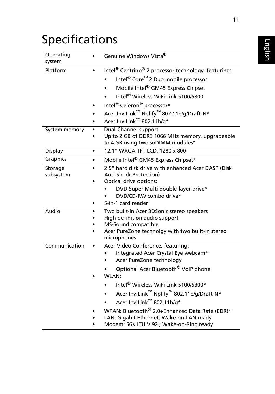 Specifications, Eng lis h | Acer TravelMate 6253 User Manual | Page 11 / 12