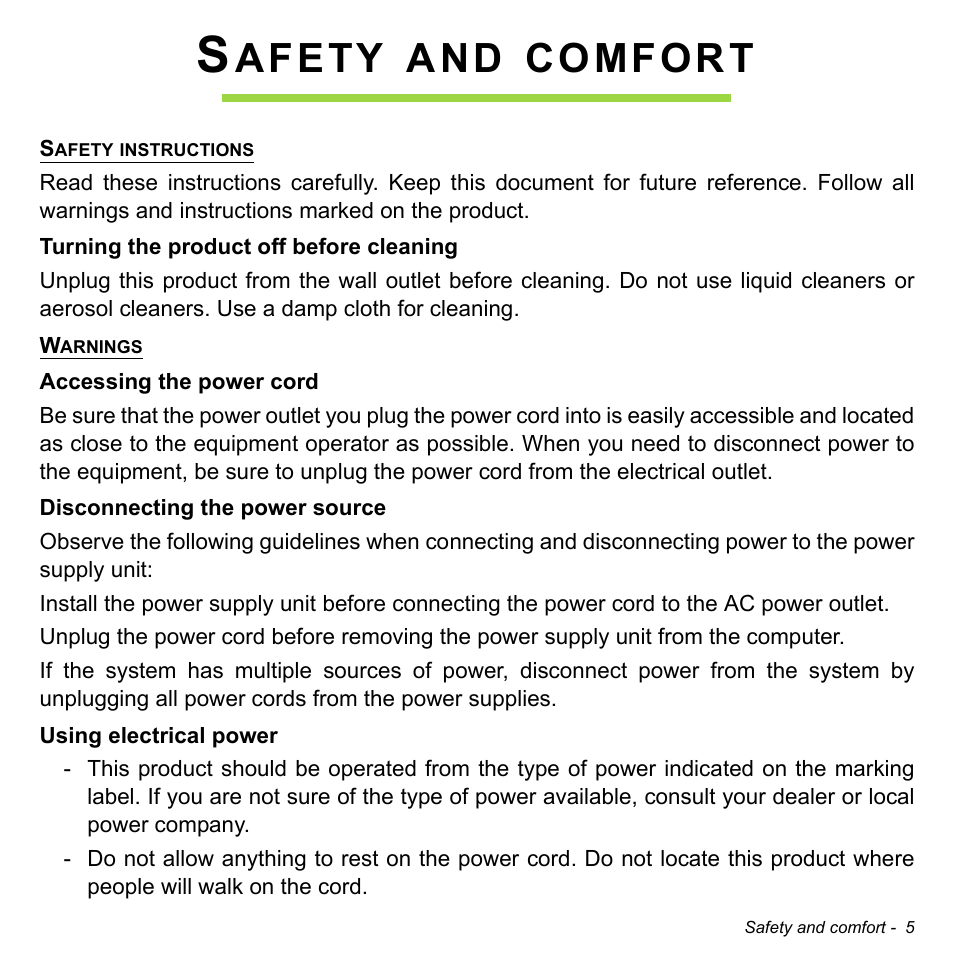 Safety and comfort, Afety, Comfort | Acer Aspire V5-472P User Manual | Page 5 / 108