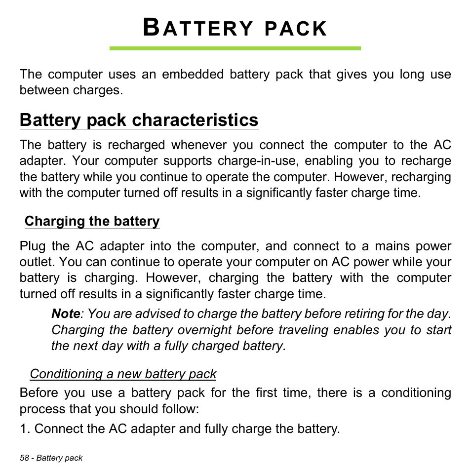 Battery pack, Battery pack characteristics, Charging the battery | Attery, Pack | Acer Aspire V5-472P User Manual | Page 58 / 108
