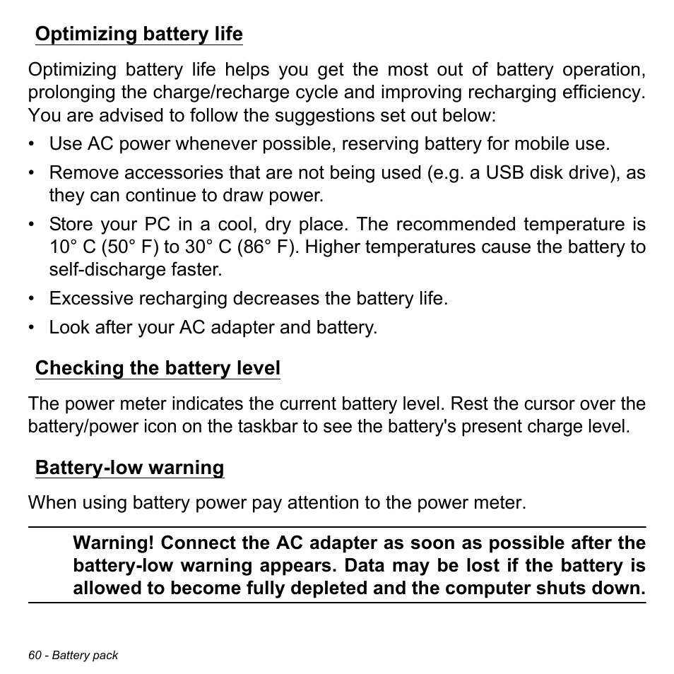 Optimizing battery life, Checking the battery level, Battery-low warning | Acer Aspire V5-472P User Manual | Page 60 / 108
