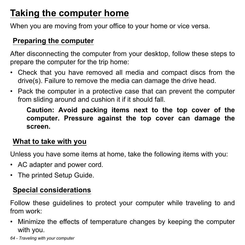 Taking the computer home, Preparing the computer, What to take with you | Special considerations | Acer Aspire V5-472P User Manual | Page 64 / 108
