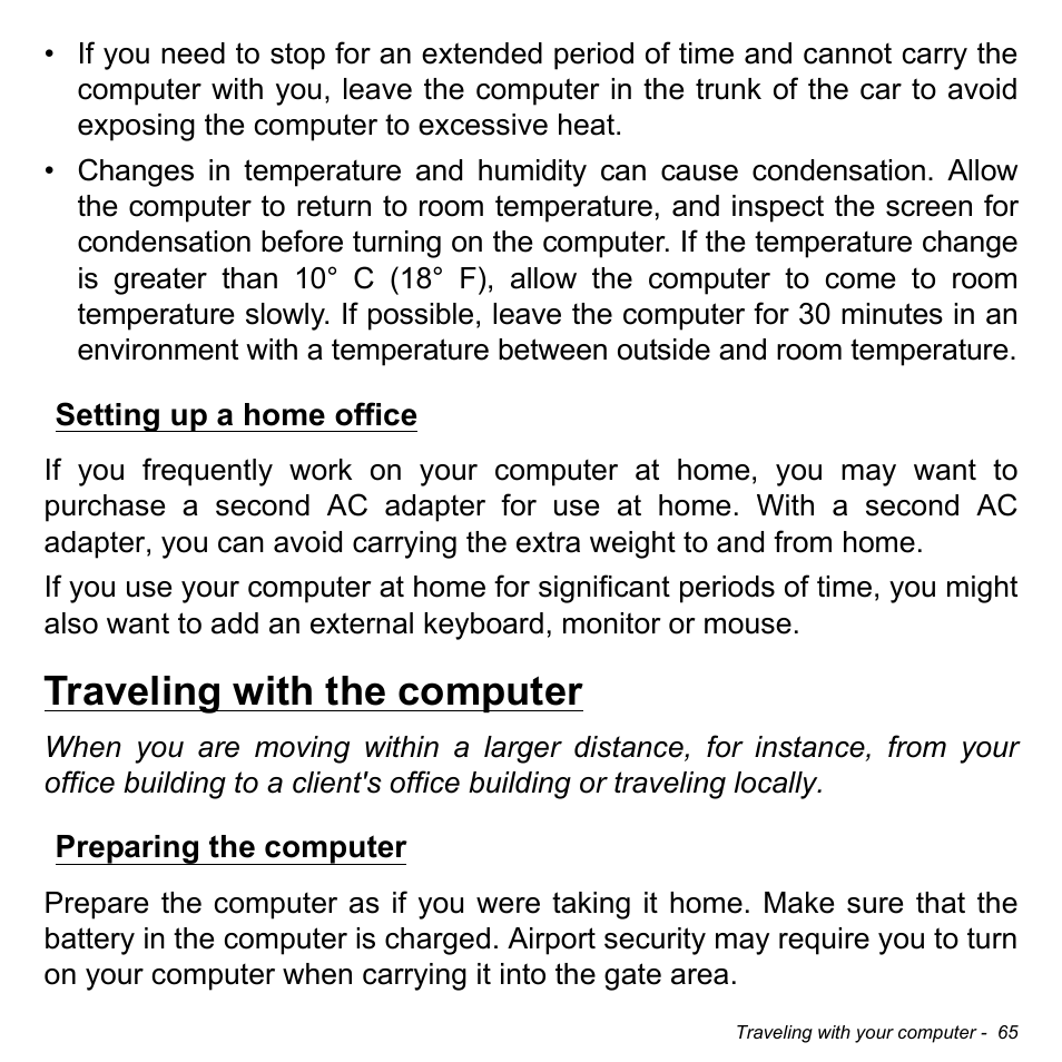Setting up a home office, Traveling with the computer, Preparing the computer | Acer Aspire V5-472P User Manual | Page 65 / 108