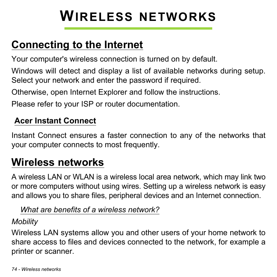 Wireless networks, Connecting to the internet, Acer instant connect | Ireless, Networks | Acer Aspire V5-472P User Manual | Page 74 / 108