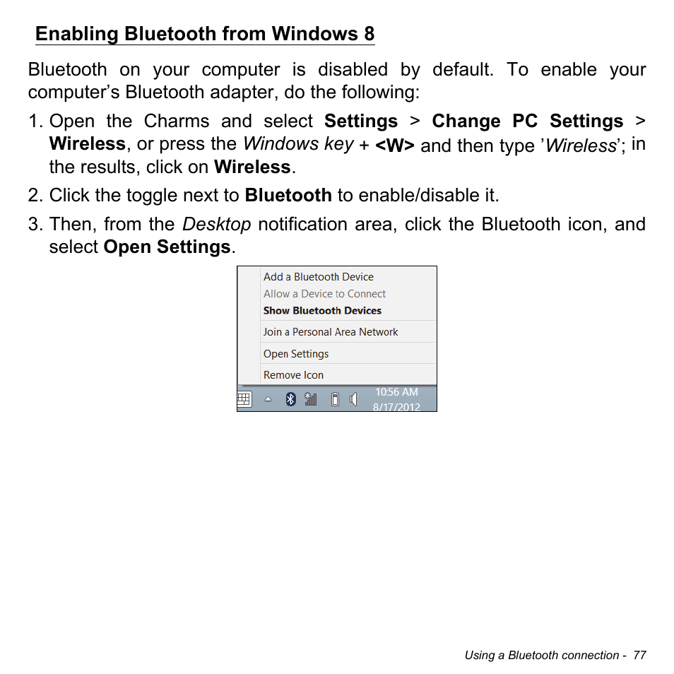 Enabling bluetooth from windows 8 | Acer Aspire V5-472P User Manual | Page 77 / 108