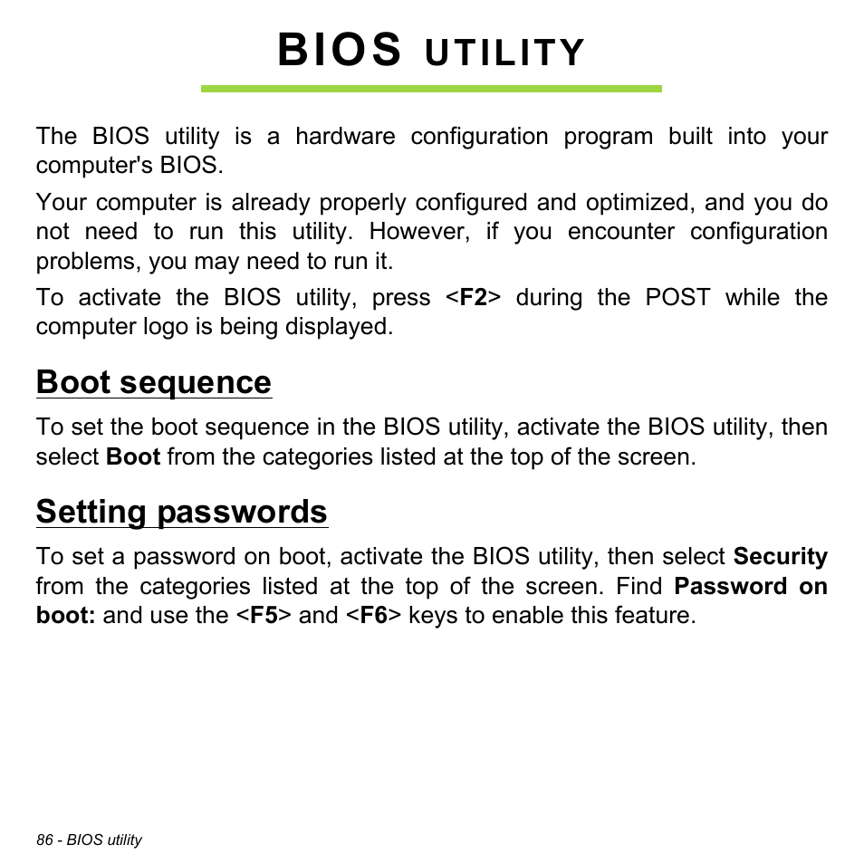 Bios utility, Boot sequence, Setting passwords | Boot sequence setting passwords, Bios, Utility | Acer Aspire V5-472P User Manual | Page 86 / 108