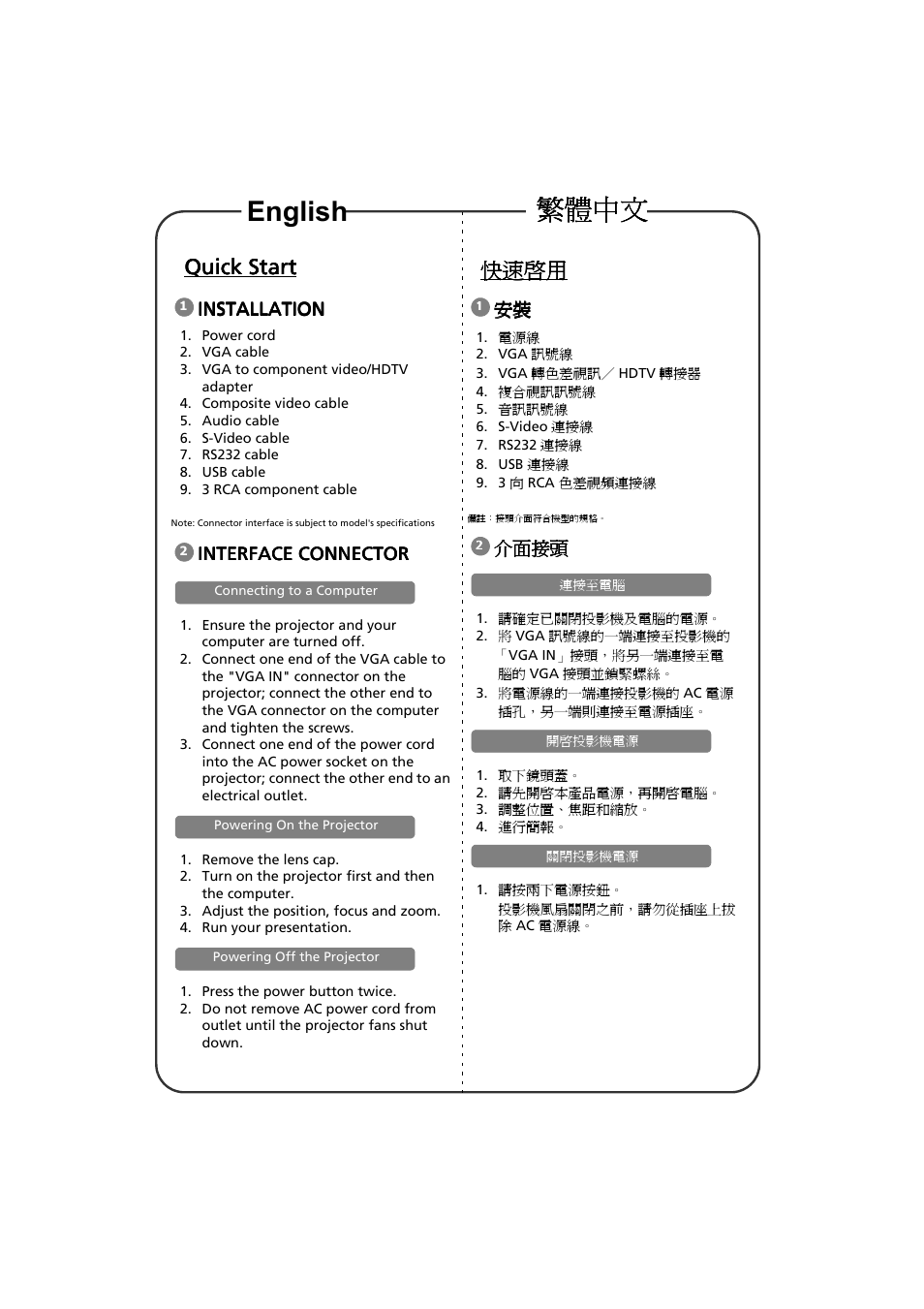 Quick start, Installation, Interface connector | 快速啟用, 介面接頭, English 繁體中文 繁體中文 繁體中文 繁體中文 | Acer X1213 User Manual | Page 2 / 2