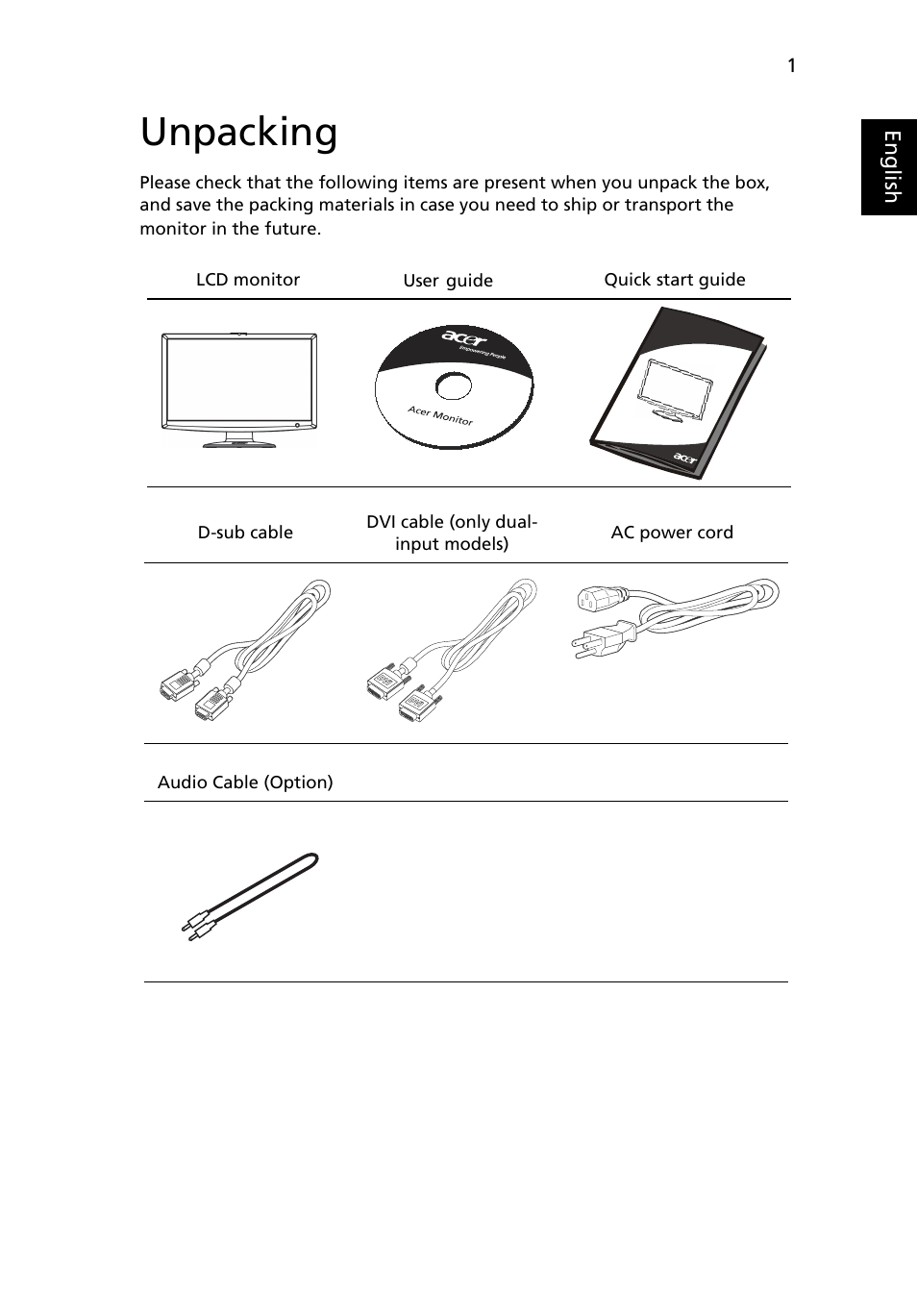 Unpacking | Acer H213H User Manual | Page 13 / 27