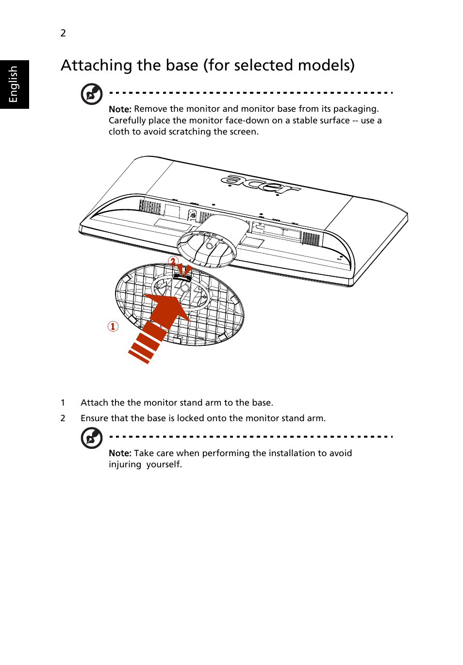Attaching the base (for selected models) | Acer H213H User Manual | Page 14 / 27