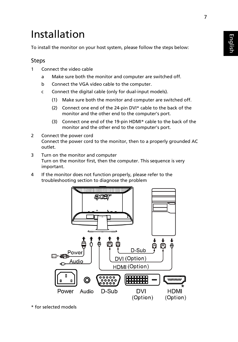 Standard timing table, Installation | Acer H213H User Manual | Page 19 / 27