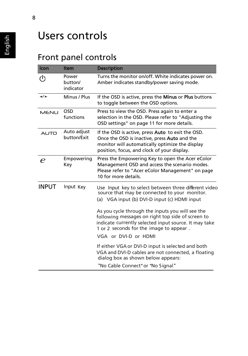 Installation, Users controls, Front panel controls | Input | Acer H213H User Manual | Page 20 / 27