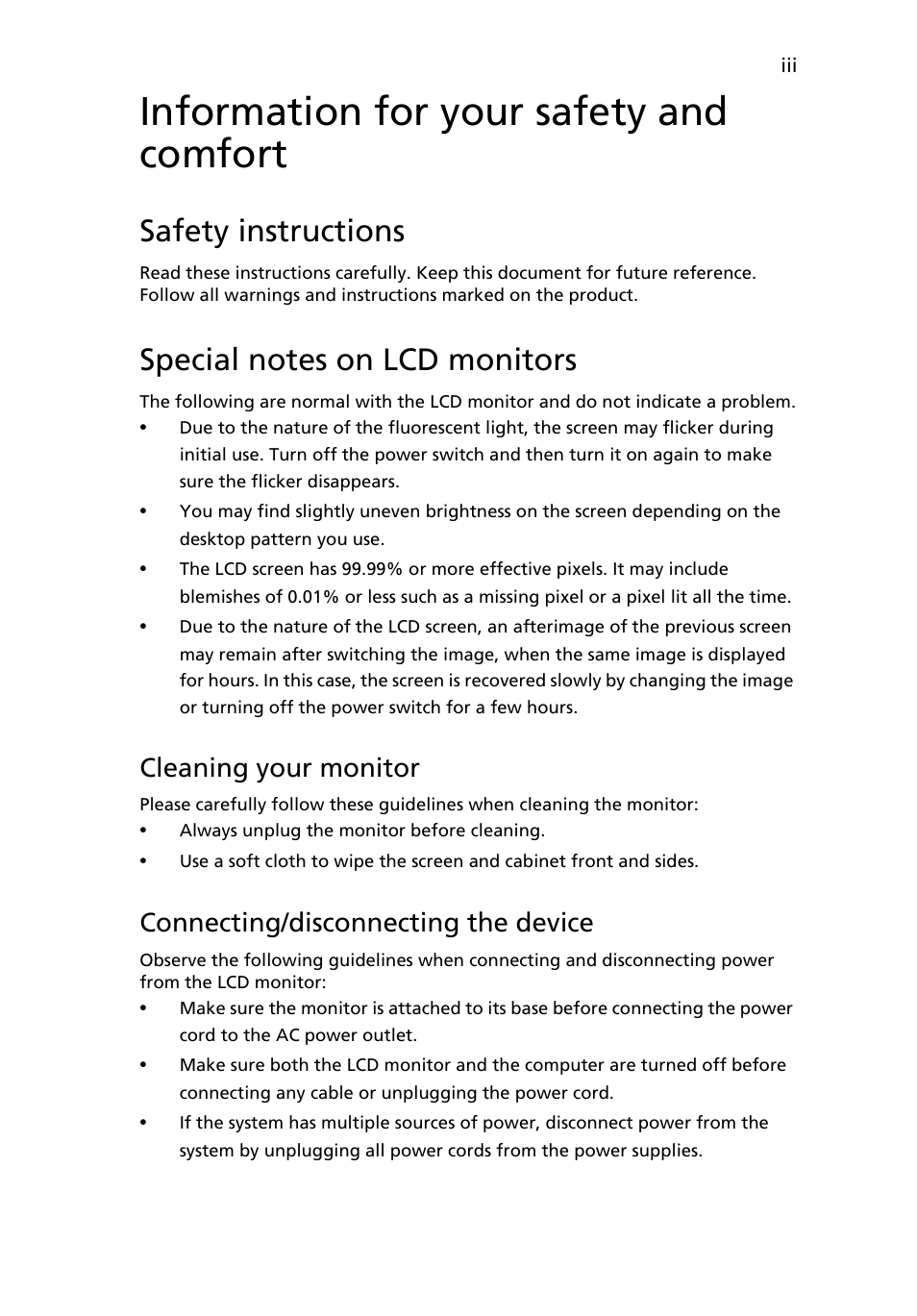 Information for your safety and comfort, Safety instructions, Special notes on lcd monitors | Cleaning your monitor, Connecting/disconnecting the device | Acer H213H User Manual | Page 3 / 27