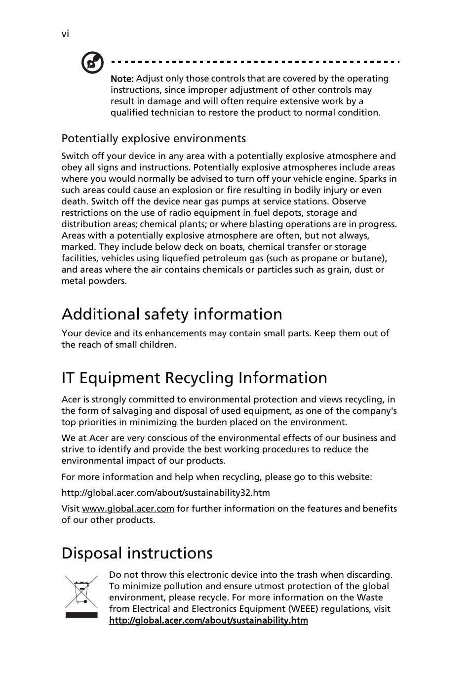Additional safety information, It equipment recycling information, Disposal instructions | Acer H213H User Manual | Page 6 / 27