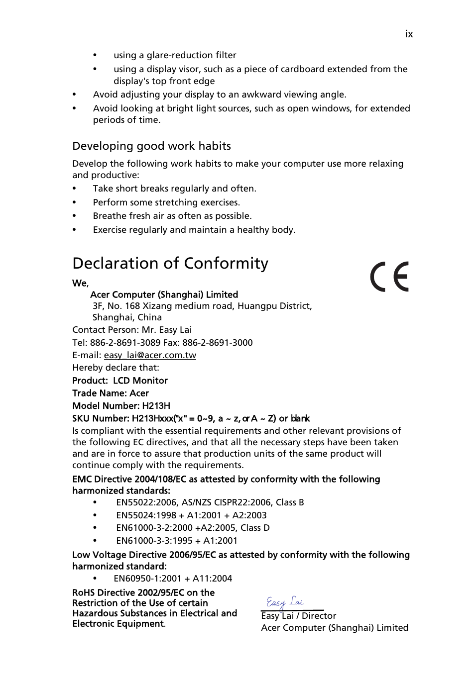 Declaration of conformity | Acer H213H User Manual | Page 9 / 27