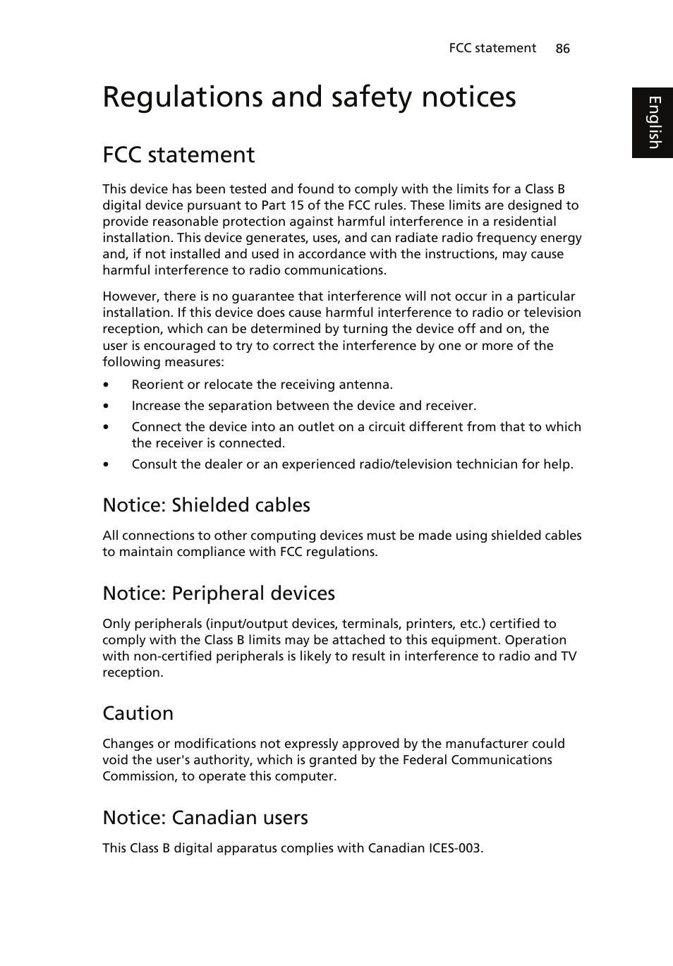 Regulations and safety notices, Fcc statement, Notice: shielded cables | Notice: peripheral devices, Caution, Notice: canadian users | Acer ICONIA User Manual | Page 104 / 110