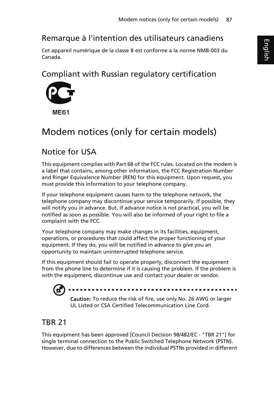 Modem notices (only for certain models), Remarque à l'intention des utilisateurs canadiens, Compliant with russian regulatory certification | Notice for usa, Tbr 21 | Acer ICONIA User Manual | Page 105 / 110
