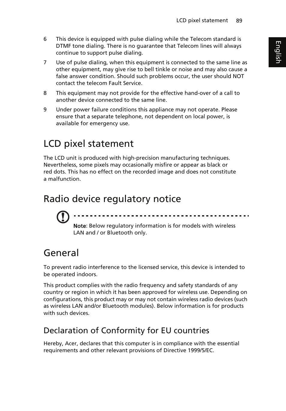 Lcd pixel statement, Radio device regulatory notice, General | Declaration of conformity for eu countries | Acer ICONIA User Manual | Page 107 / 110