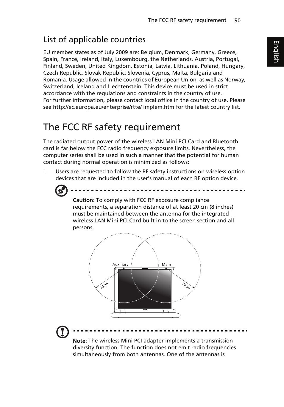 The fcc rf safety requirement, List of applicable countries | Acer ICONIA User Manual | Page 108 / 110