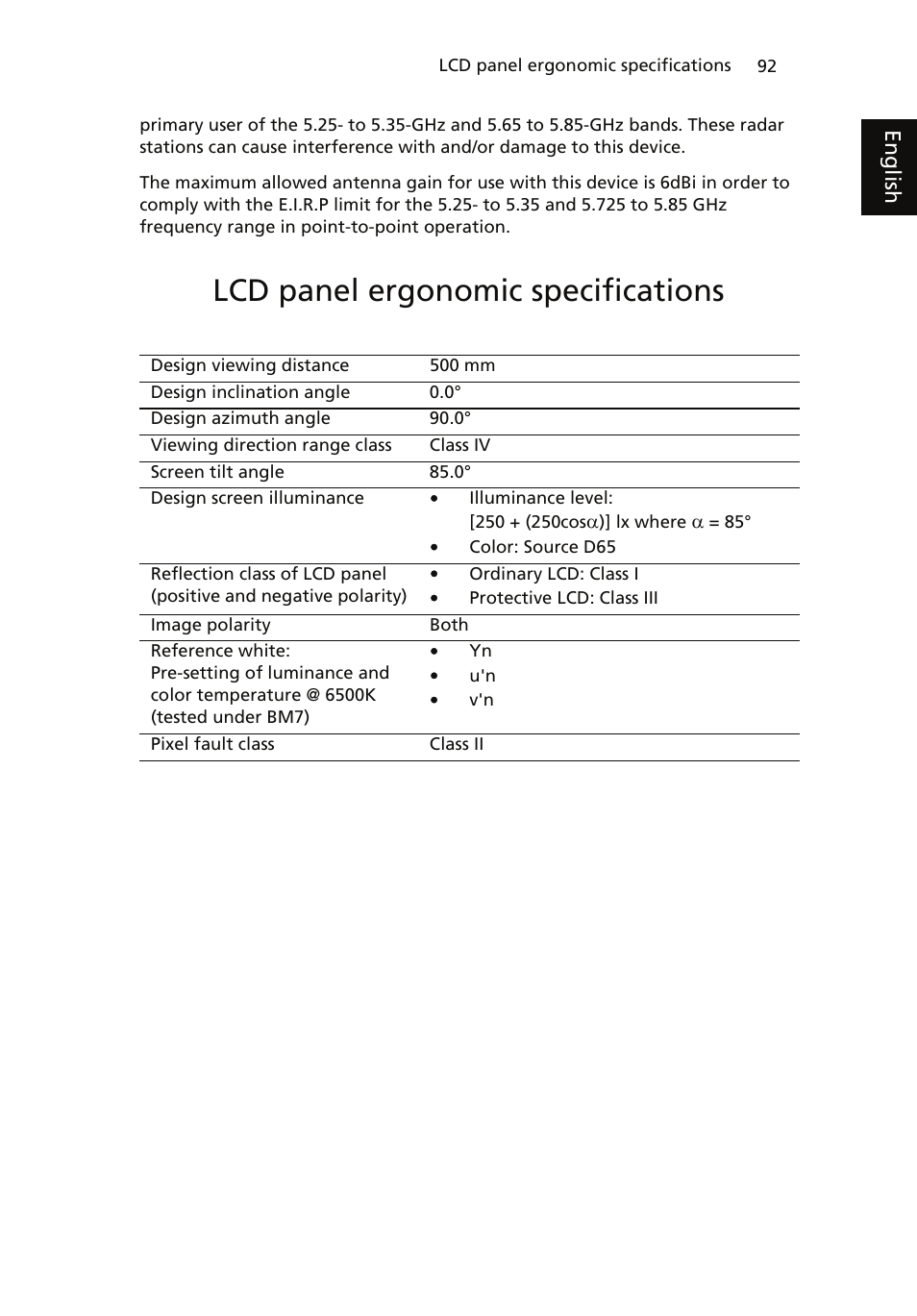 Lcd panel ergonomic specifications | Acer ICONIA User Manual | Page 110 / 110