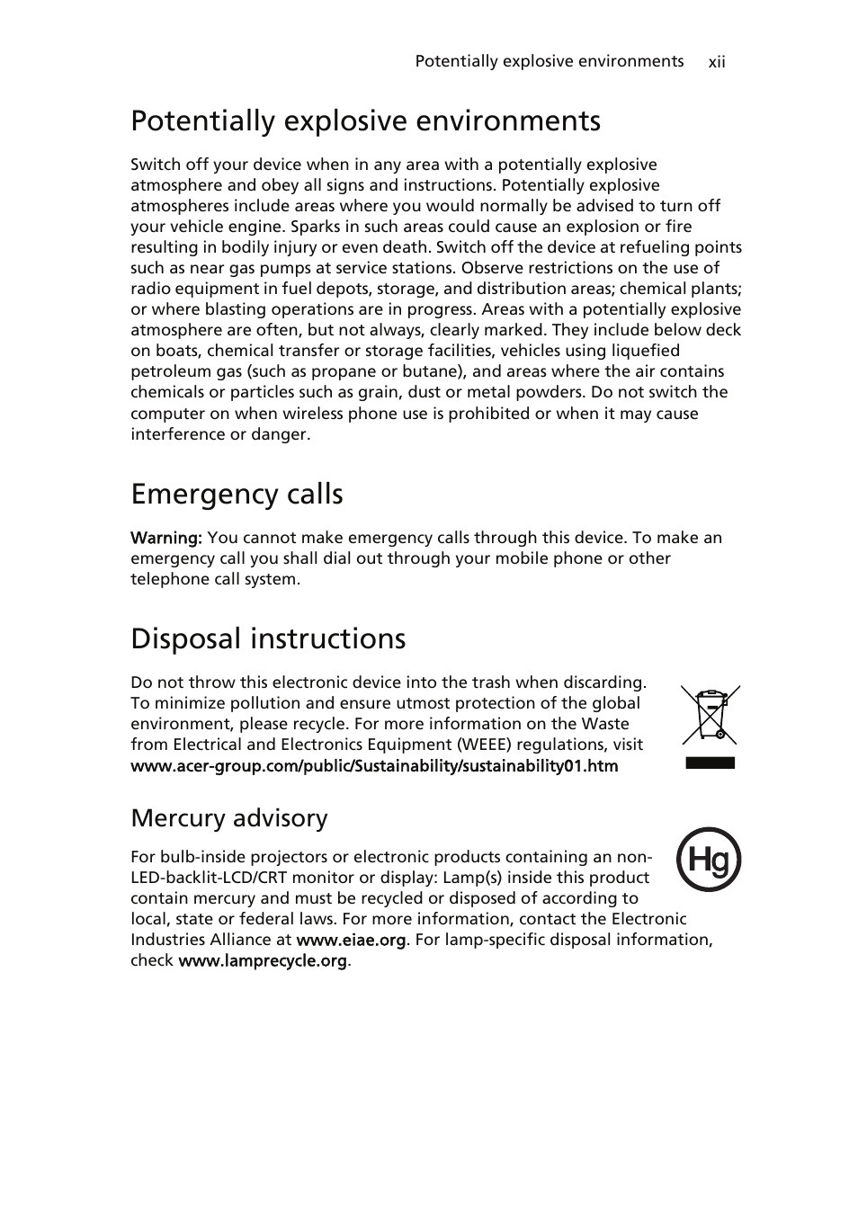 Potentially explosive environments, Emergency calls, Disposal instructions | Acer ICONIA User Manual | Page 12 / 110
