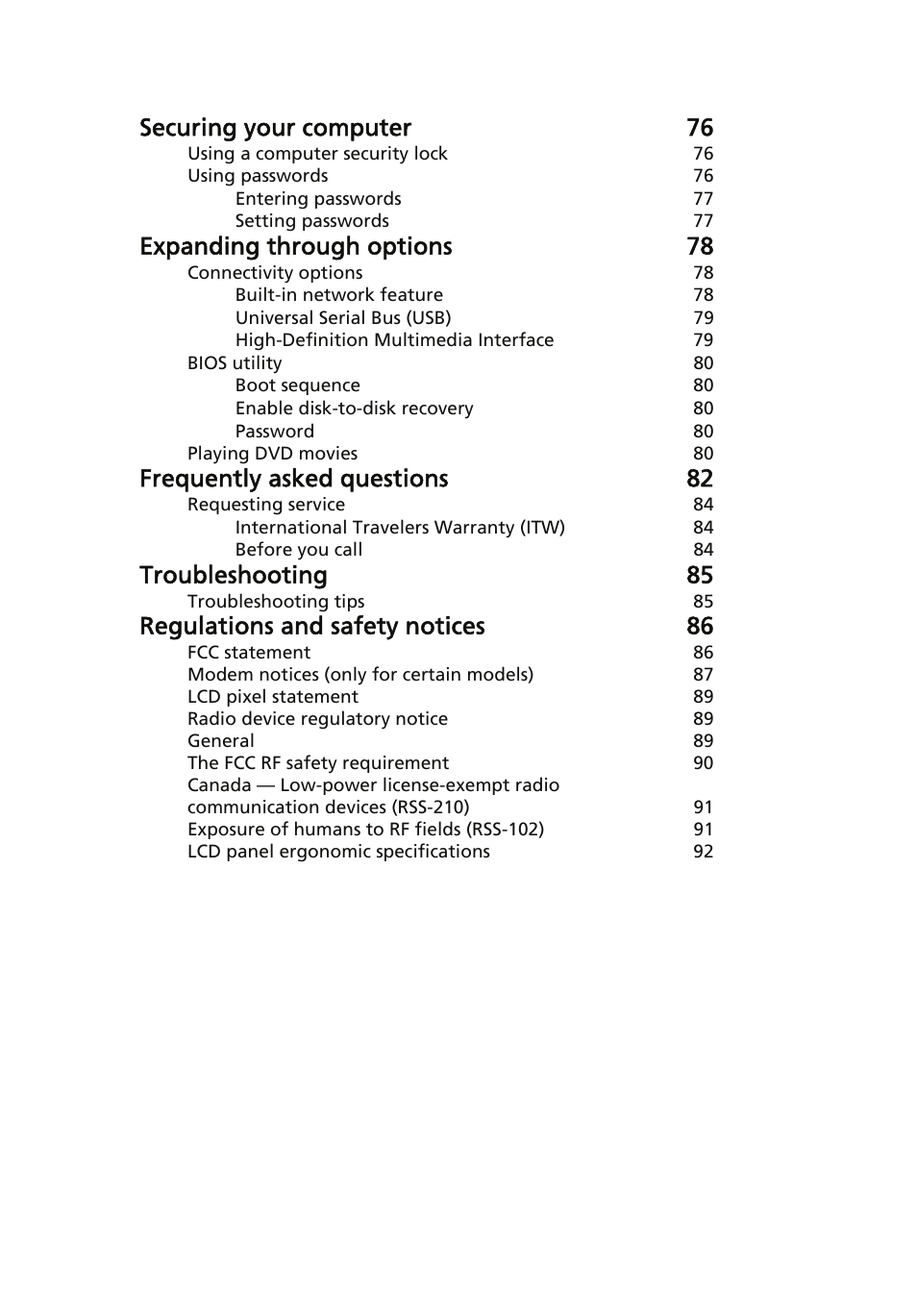 Securing your computer 76, Expanding through options 78, Frequently asked questions 82 | Troubleshooting 85, Regulations and safety notices 86 | Acer ICONIA User Manual | Page 18 / 110