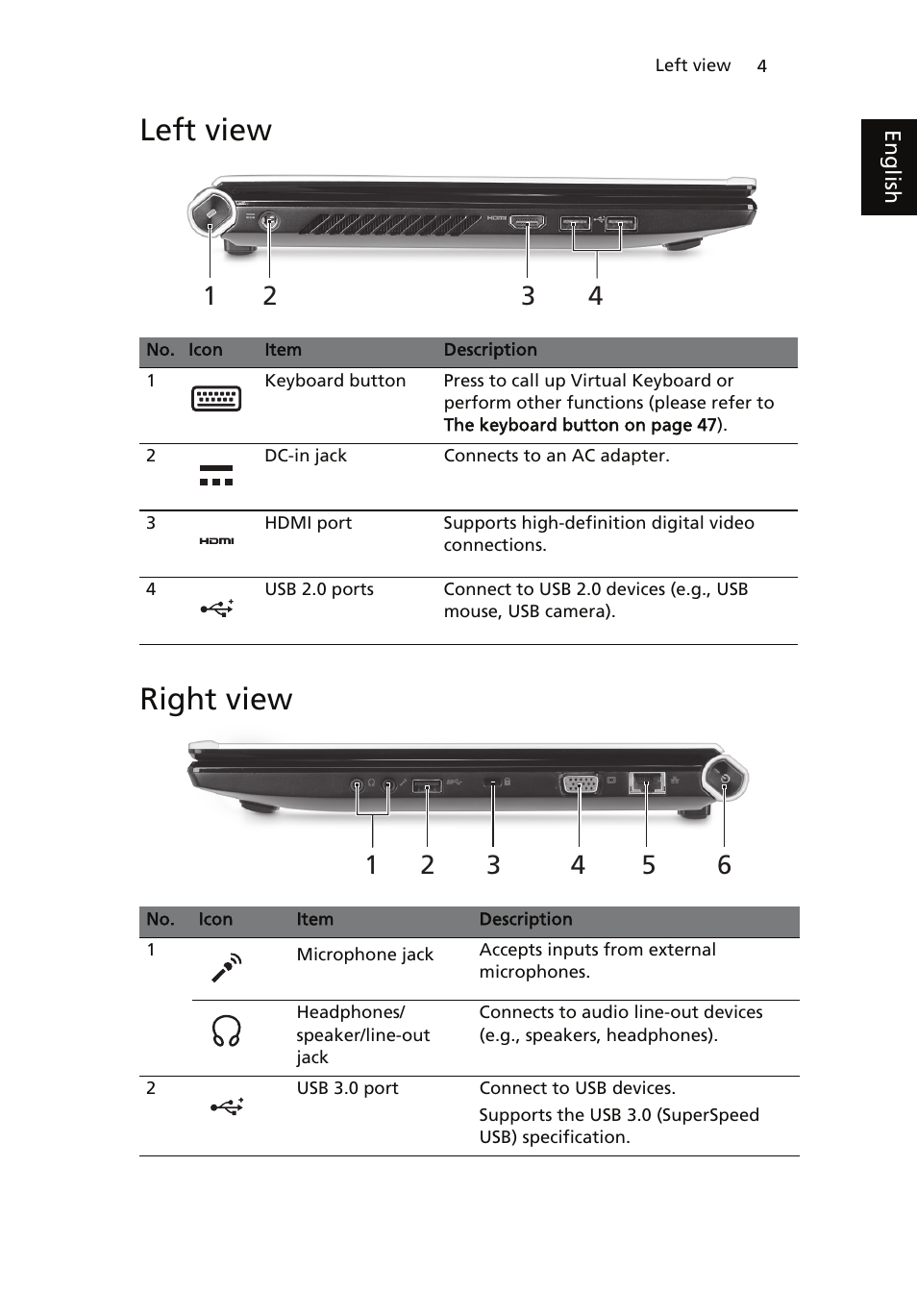 Left view, Right view, Left view right view | Acer ICONIA User Manual | Page 22 / 110