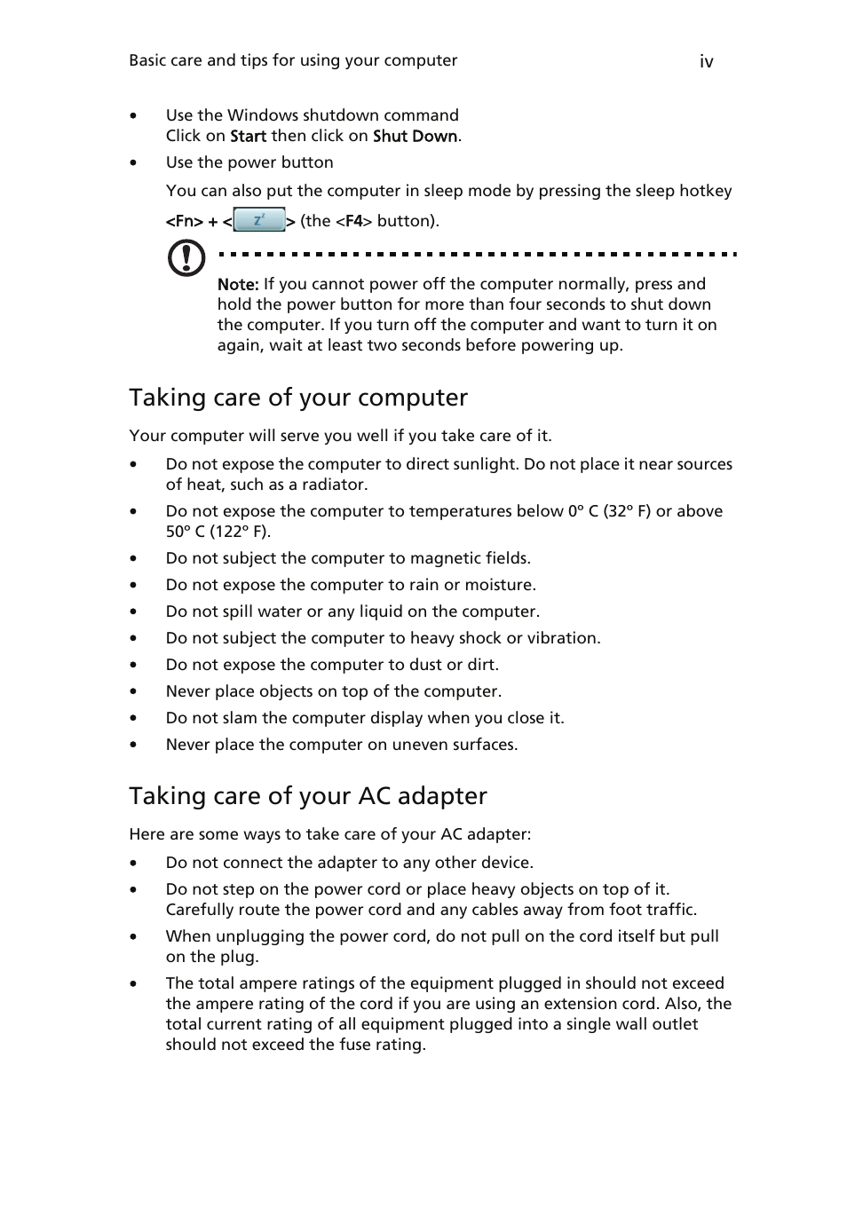 Taking care of your computer, Taking care of your ac adapter | Acer ICONIA User Manual | Page 4 / 110