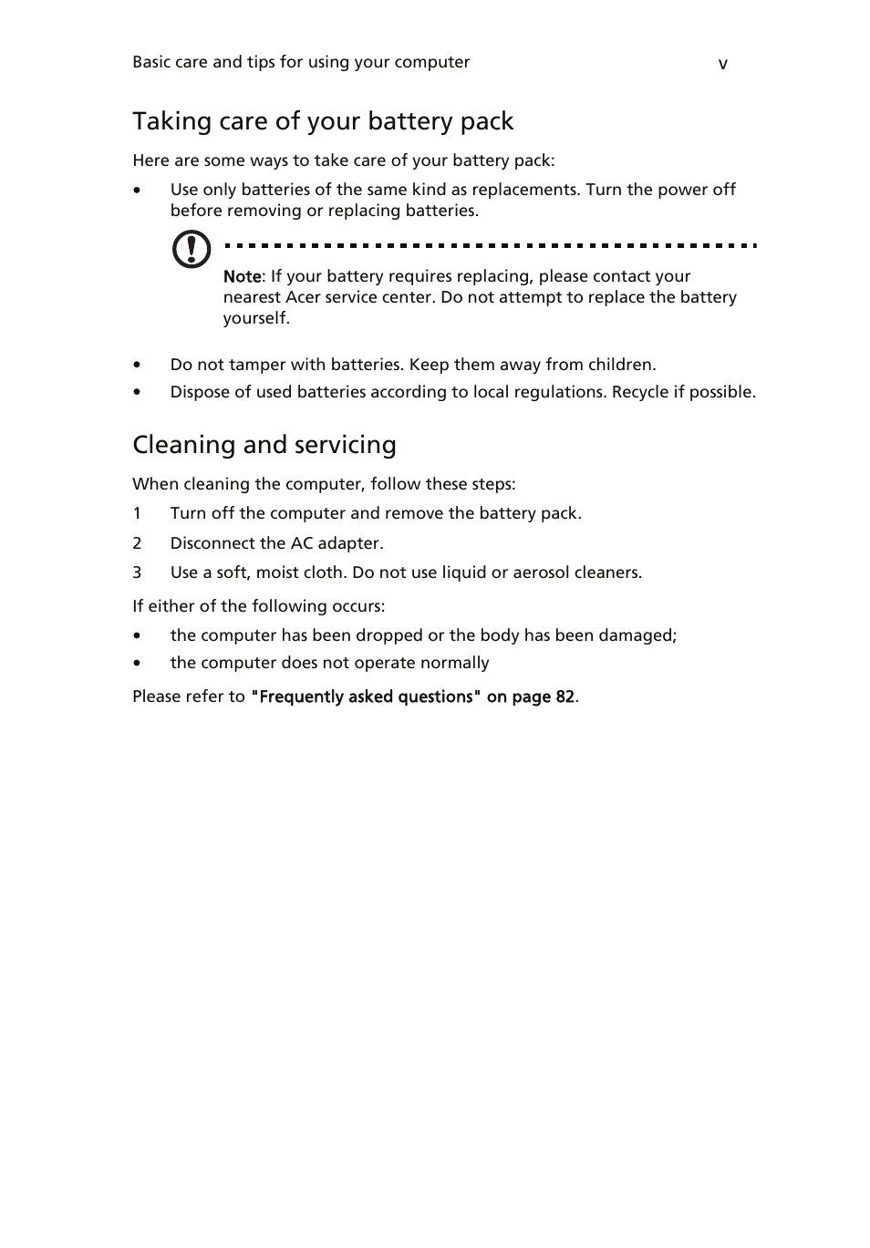 Taking care of your battery pack, Cleaning and servicing | Acer ICONIA User Manual | Page 5 / 110