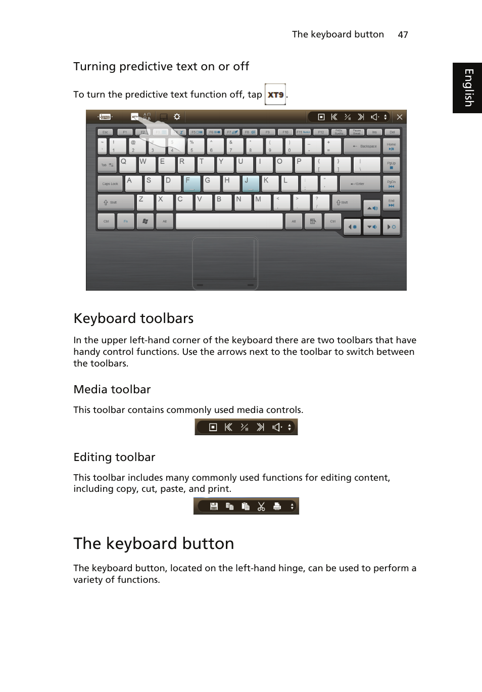 The keyboard button, Keyboard toolbars | Acer ICONIA User Manual | Page 65 / 110