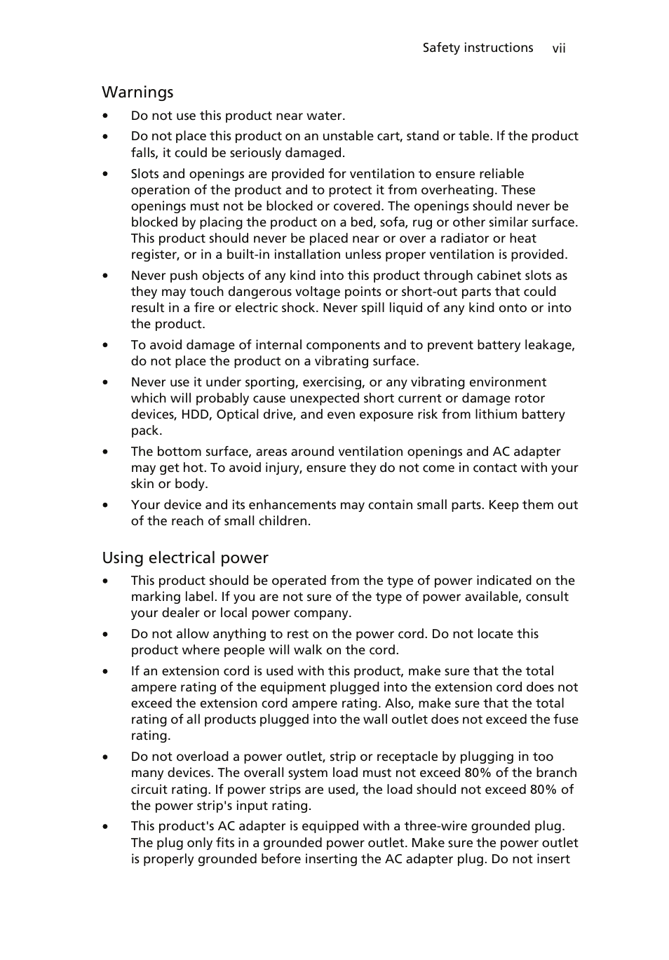 Warnings, Using electrical power | Acer ICONIA User Manual | Page 7 / 110