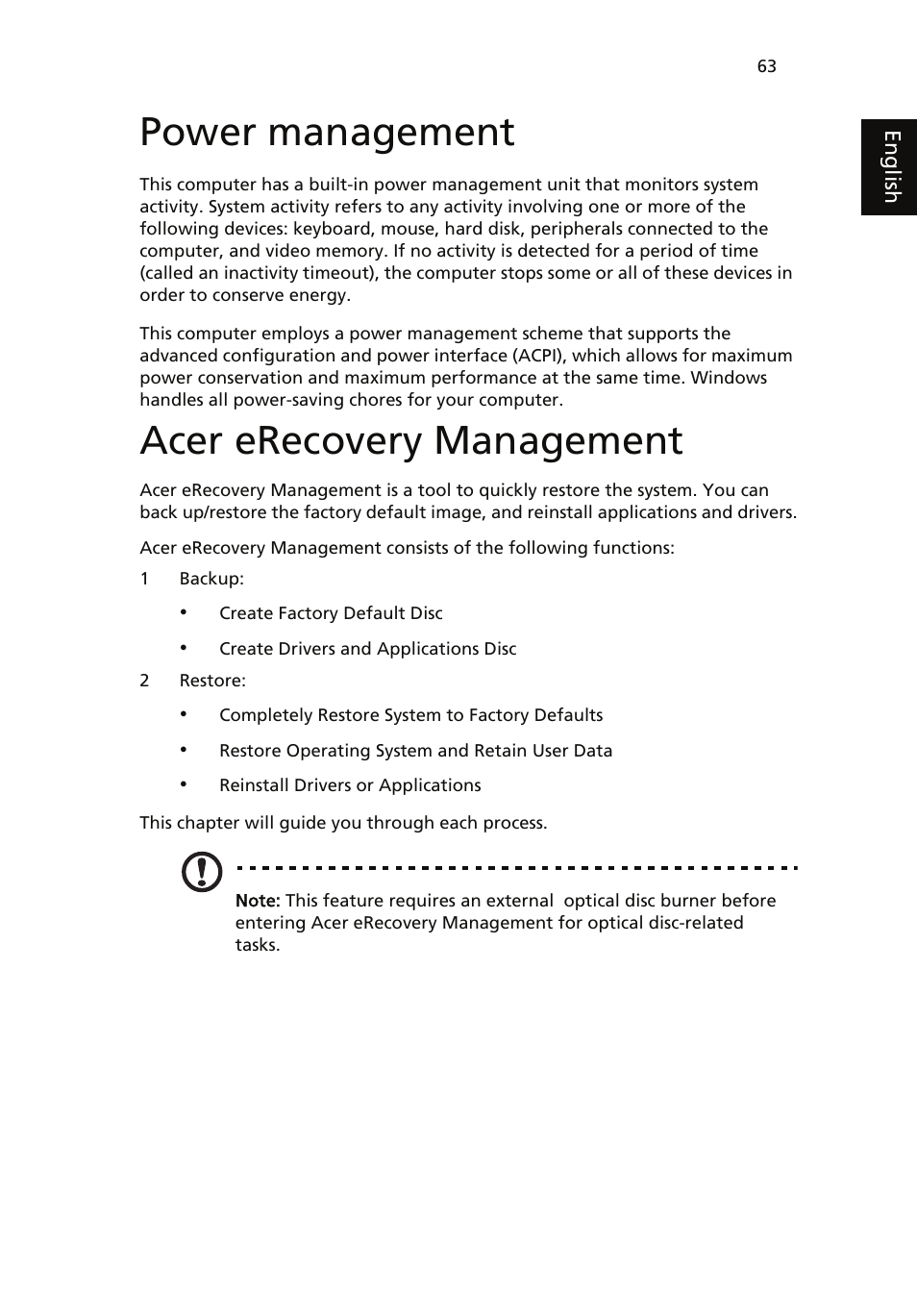 Power management, Acer erecovery management | Acer ICONIA User Manual | Page 81 / 110