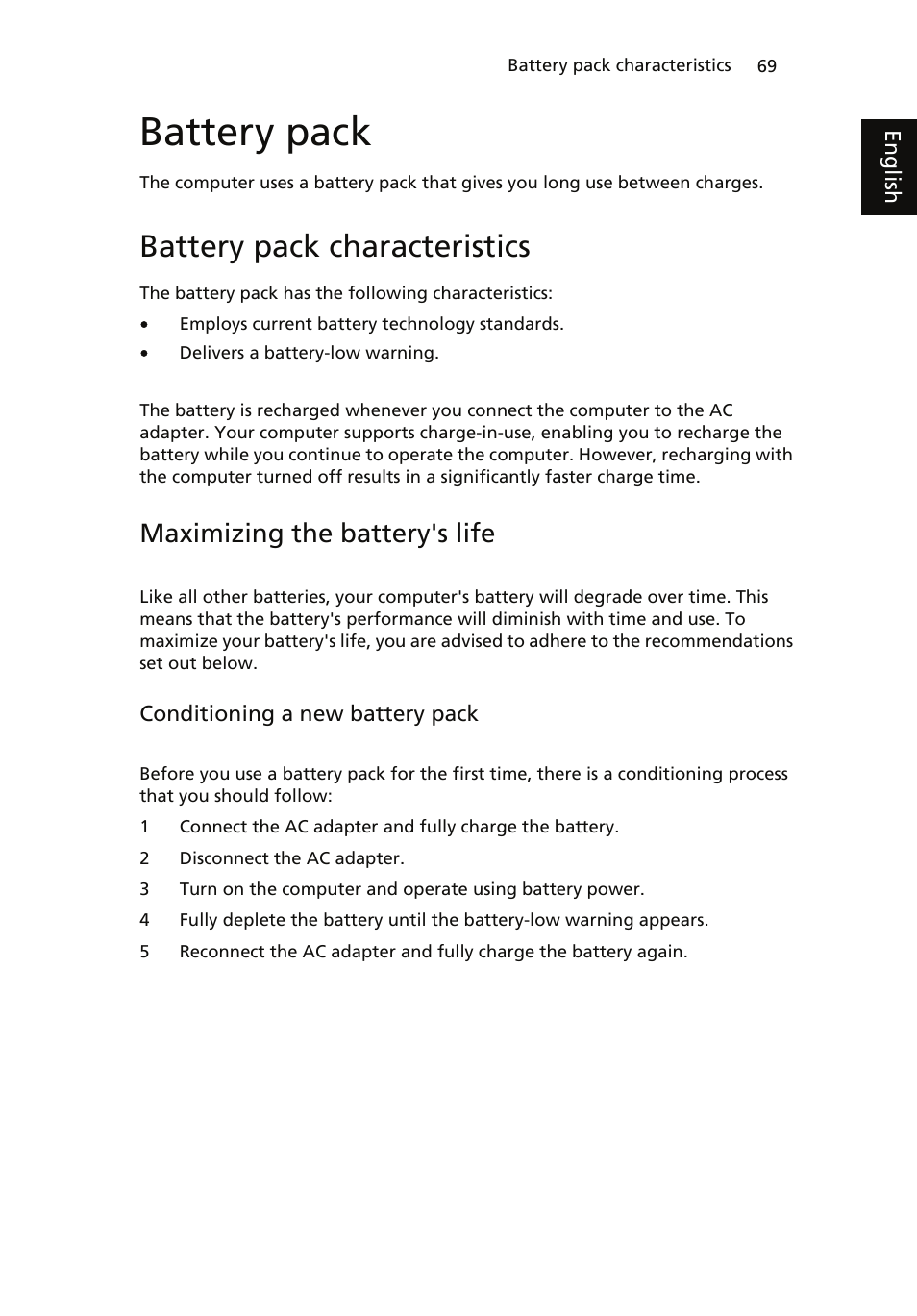 Battery pack, Battery pack characteristics, Maximizing the battery's life | Acer ICONIA User Manual | Page 87 / 110
