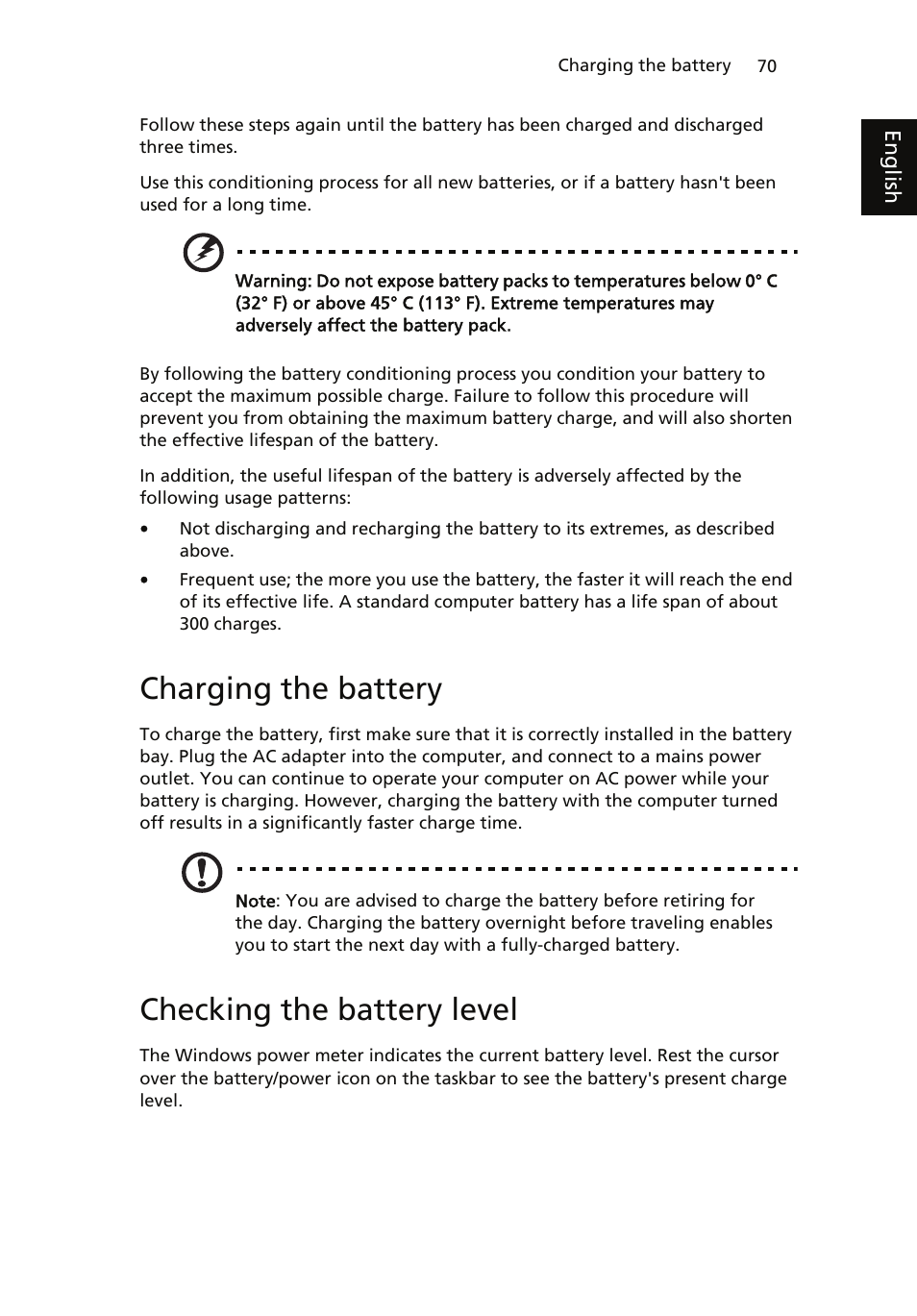 Charging the battery, Checking the battery level | Acer ICONIA User Manual | Page 88 / 110