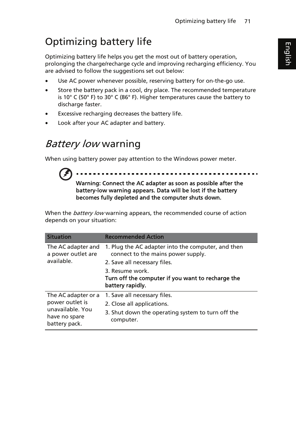 Optimizing battery life, Battery low warning, Battery low | Warning | Acer ICONIA User Manual | Page 89 / 110