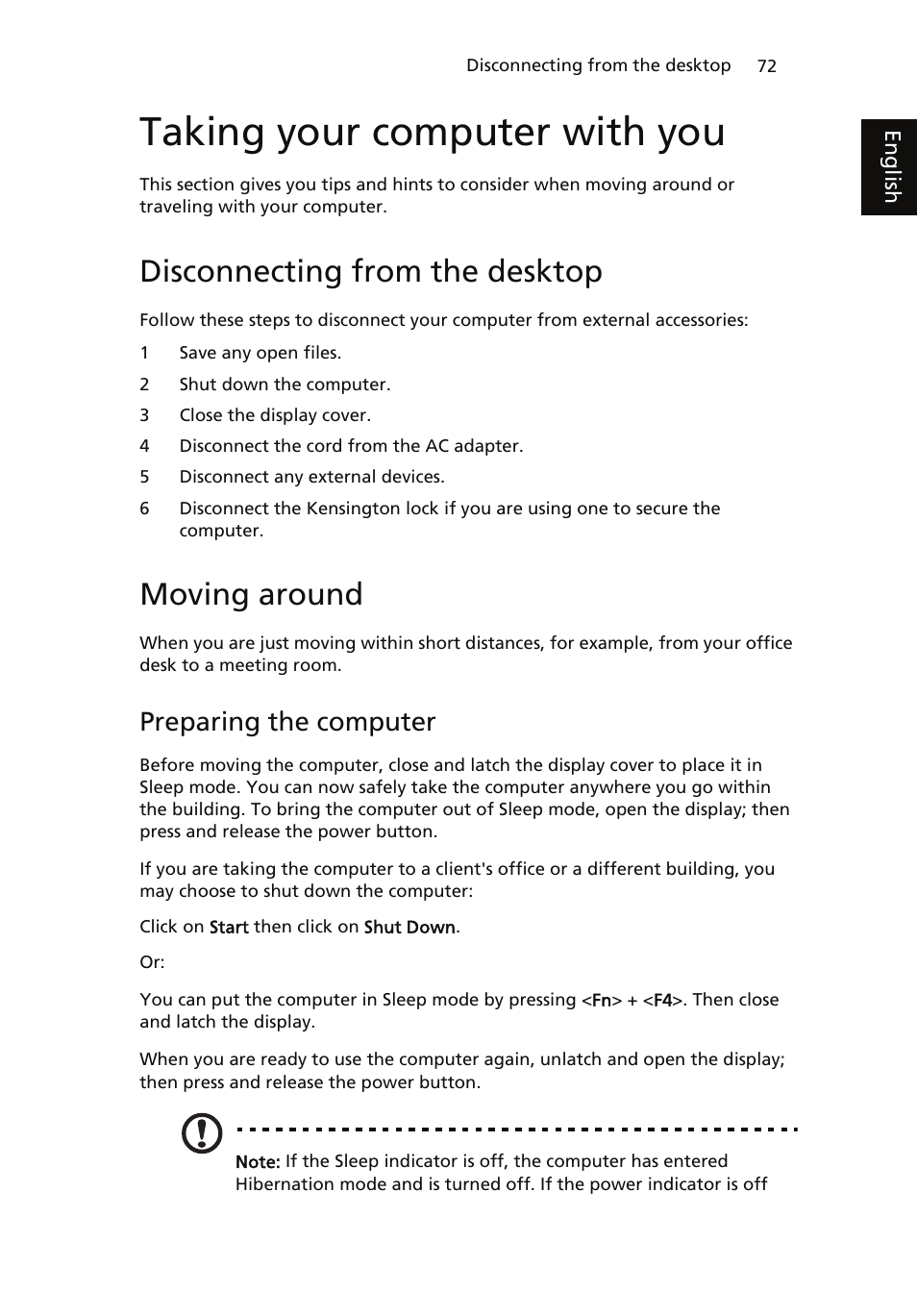 Taking your computer with you, Disconnecting from the desktop, Moving around | Preparing the computer | Acer ICONIA User Manual | Page 90 / 110