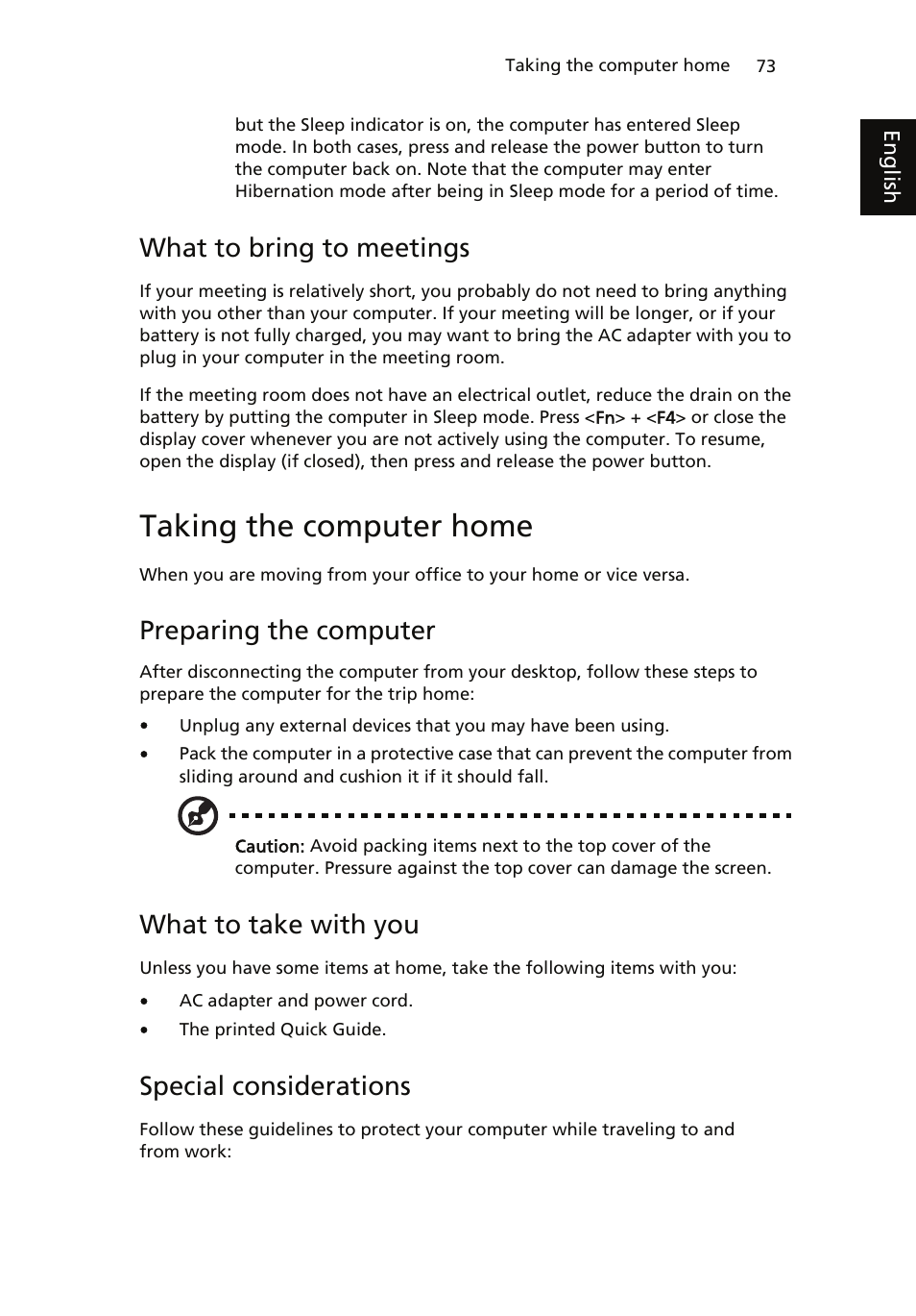 Taking the computer home, What to bring to meetings, Preparing the computer | What to take with you, Special considerations | Acer ICONIA User Manual | Page 91 / 110