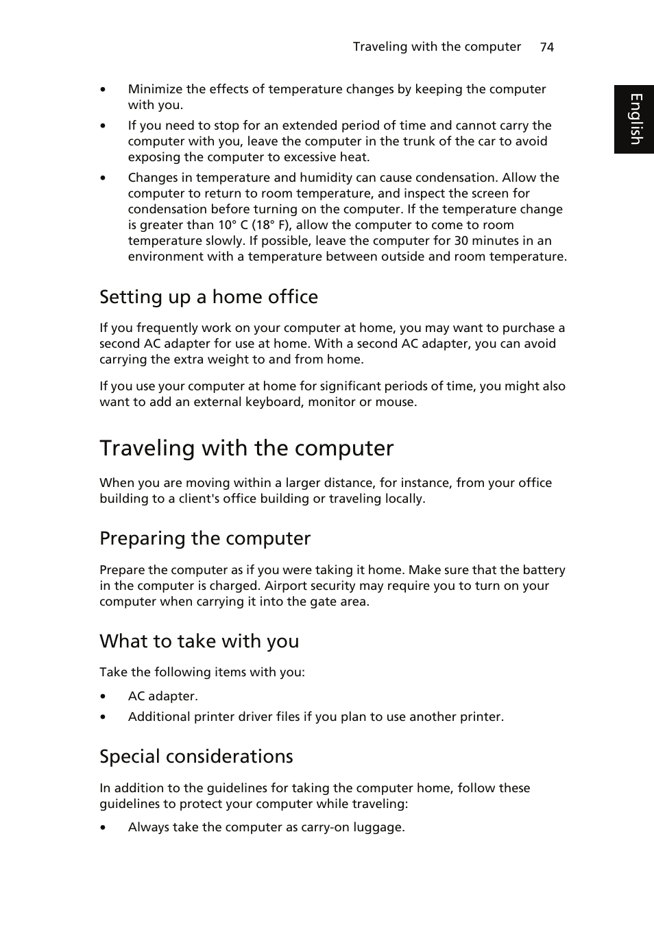 Traveling with the computer, Setting up a home office, Preparing the computer | What to take with you, Special considerations | Acer ICONIA User Manual | Page 92 / 110