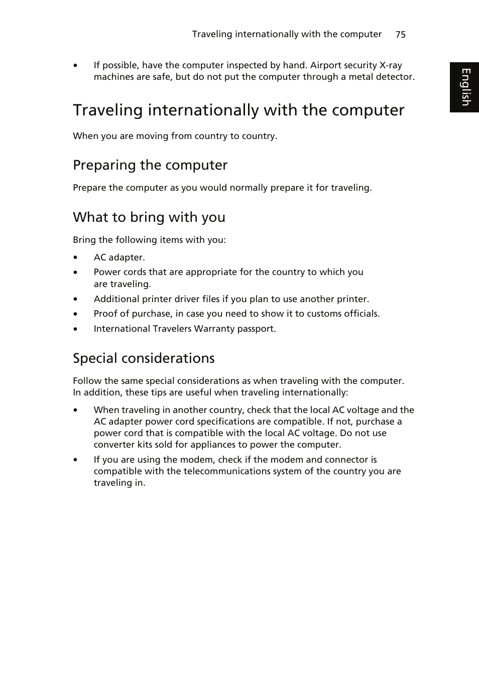 Traveling internationally with the computer, Preparing the computer, What to bring with you | Special considerations | Acer ICONIA User Manual | Page 93 / 110