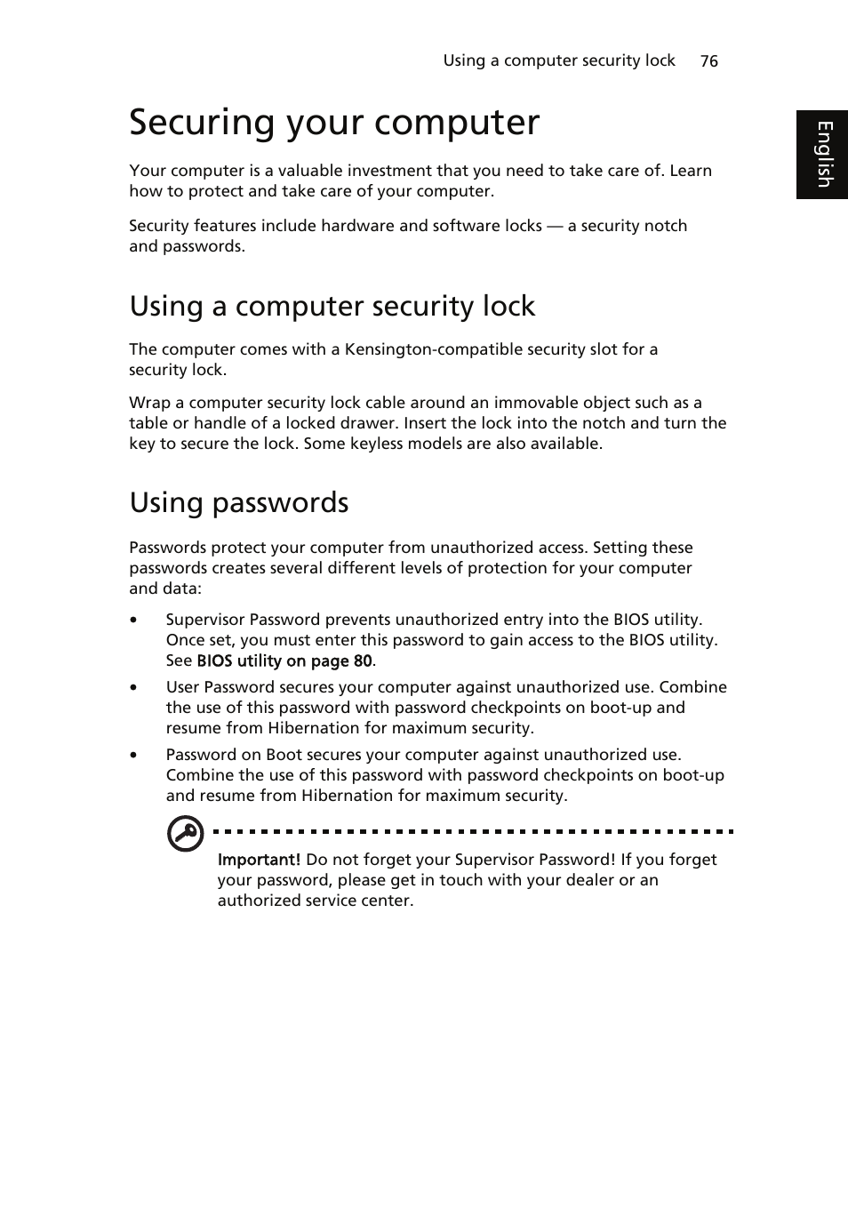 Securing your computer, Using a computer security lock, Using passwords | Acer ICONIA User Manual | Page 94 / 110