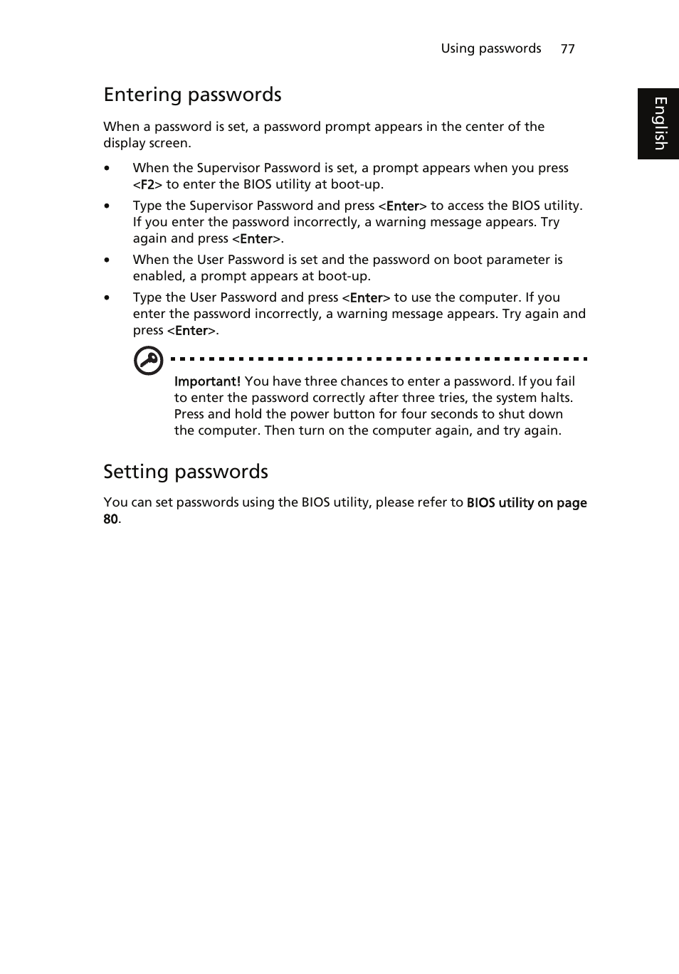 Entering passwords, Setting passwords | Acer ICONIA User Manual | Page 95 / 110