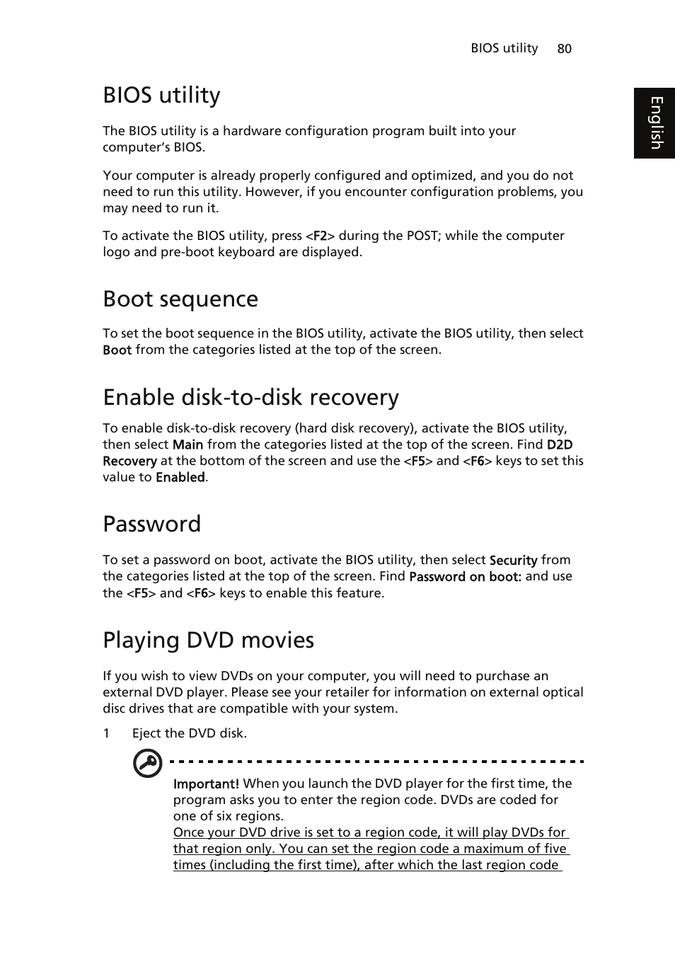 Bios utility, Playing dvd movies, Boot sequence | Enable disk-to-disk recovery, Password | Acer ICONIA User Manual | Page 98 / 110