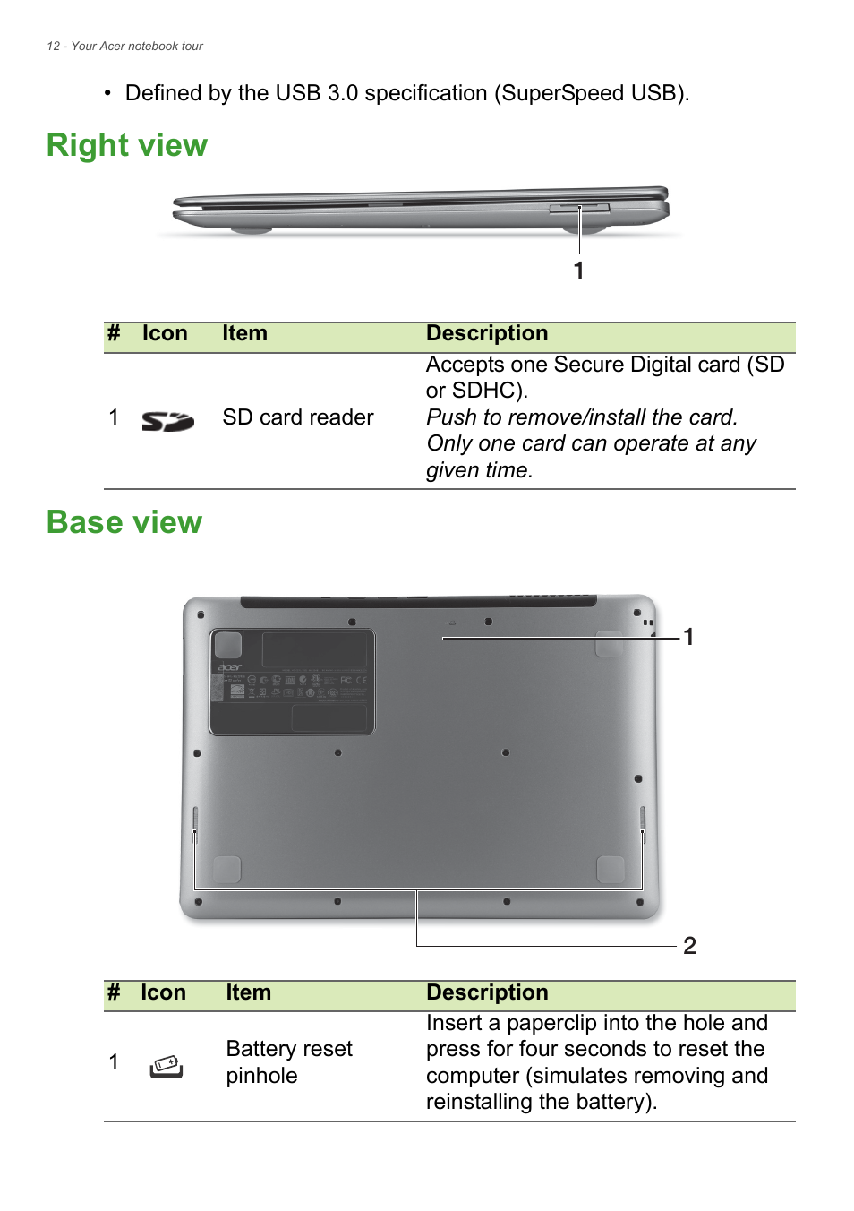 Right view, Base view, Right view base view | Acer Aspire S3-391 User Manual | Page 12 / 85
