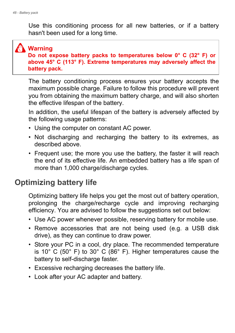 Optimizing battery life | Acer Aspire S3-391 User Manual | Page 48 / 85