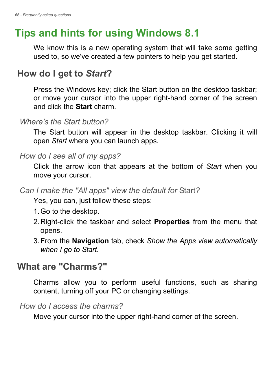 Tips and hints for using windows 8.1, How do i get to start, What are "charms | How do i get to start? what are "charms | Acer Aspire S3-391 User Manual | Page 66 / 85