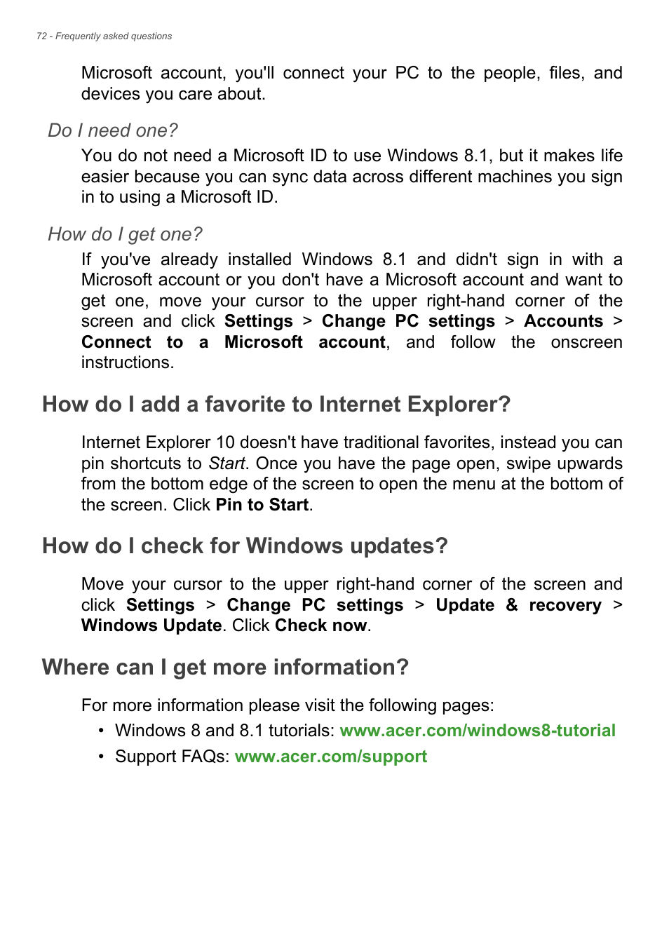 How do i add a favorite to internet explorer, How do i check for windows updates, Where can i get more information | Acer Aspire S3-391 User Manual | Page 72 / 85