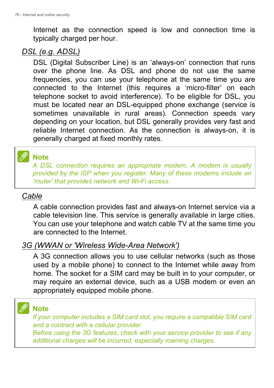 Dsl (e.g. adsl), Cable, 3g (wwan or 'wireless wide-area network') | Acer Aspire S3-391 User Manual | Page 76 / 85