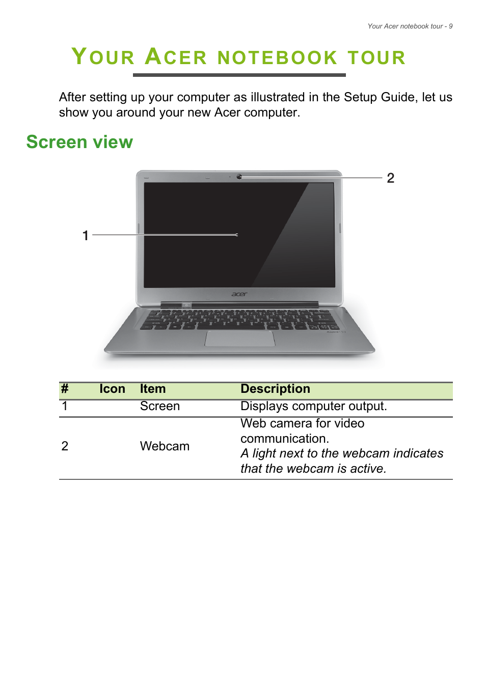 Your acer notebook tour, Screen view, Tour | Acer Aspire S3-391 User Manual | Page 9 / 85