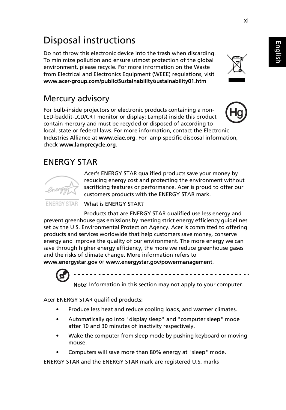 Disposal instructions, Mercury advisory, Energy star | Acer Aspire 4352G User Manual | Page 11 / 79