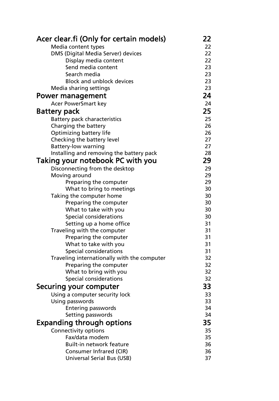 Acer clear.fi (only for certain models) 22, Power management 24, Battery pack 25 | Securing your computer 33, Expanding through options 35 | Acer Aspire 4352G User Manual | Page 18 / 79